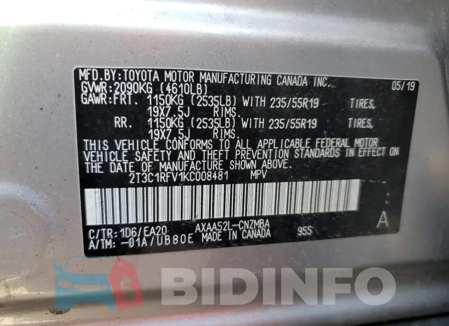 2T3C1RFV1KC008481 Photo# 13