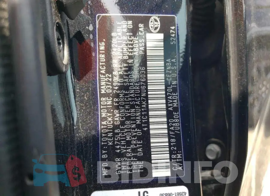 4T1C11AK7NU676036 Photo# 12