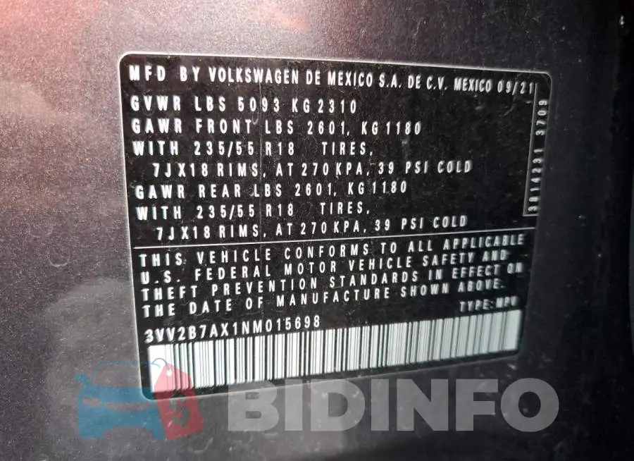 3VV2B7AX1NM015698 Photo# 13