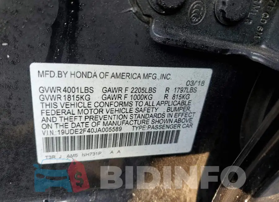 19UDE2F40JA005589 Photo# 12