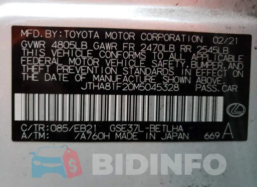 JTHA81F20M5045328 Photo# 12