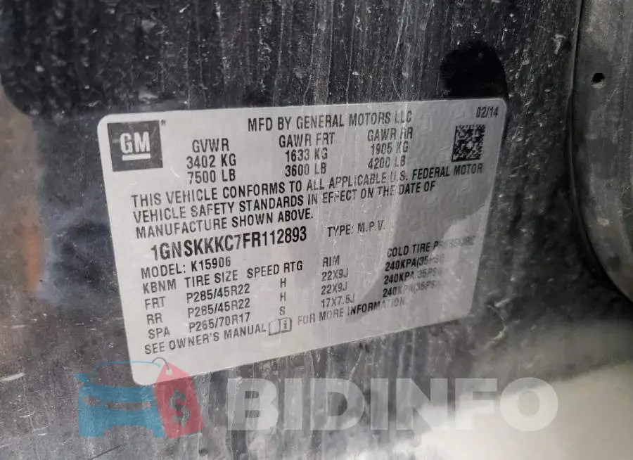 1GNSKKKC7FR112893 Photo# 14