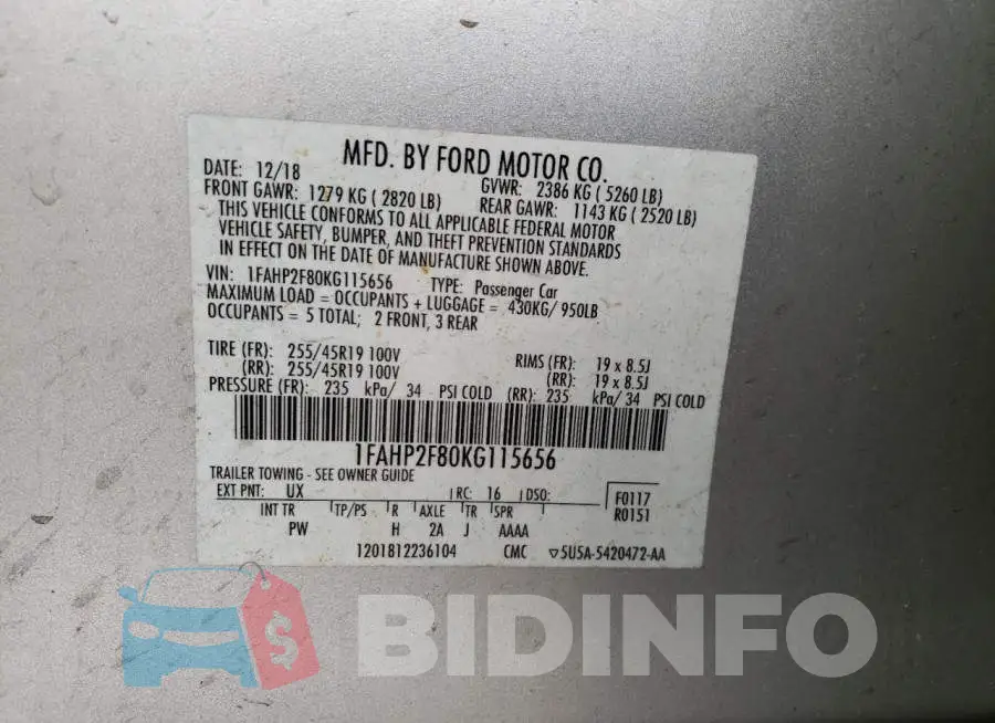 1FAHP2F80KG115656 Photo# 12