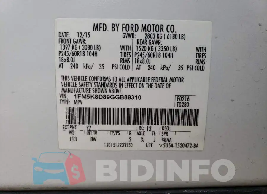 1FM5K8D89GGB89310 Photo# 13