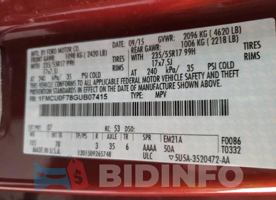 1FMCU0F78GUB07415 Photo# 12