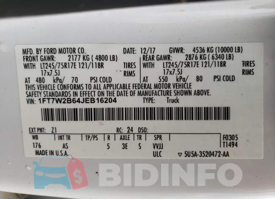 1FT7W2B64JEB16204 Photo# 12