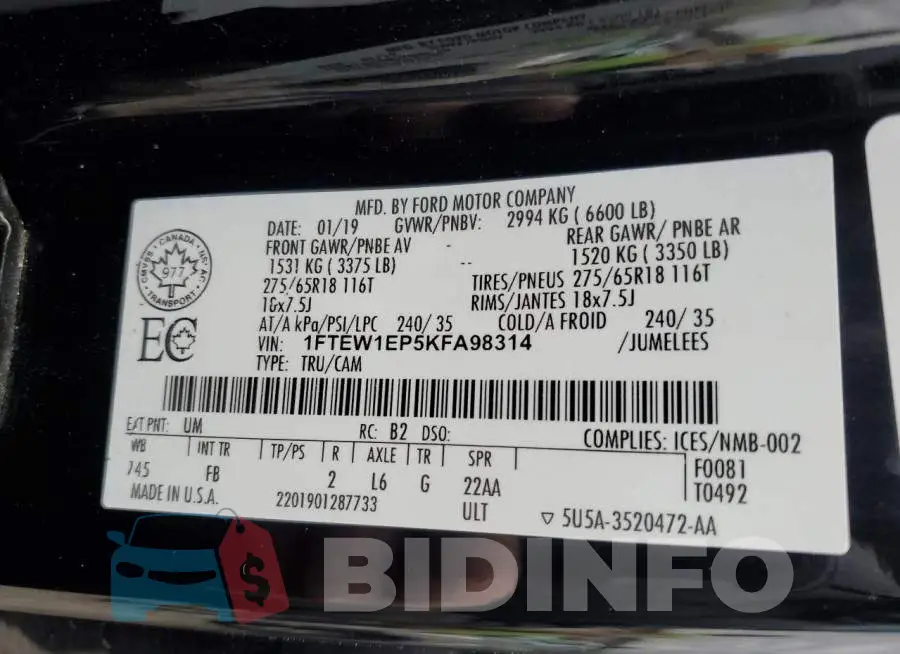 1FTEW1EP5KFA98314 Photo# 12