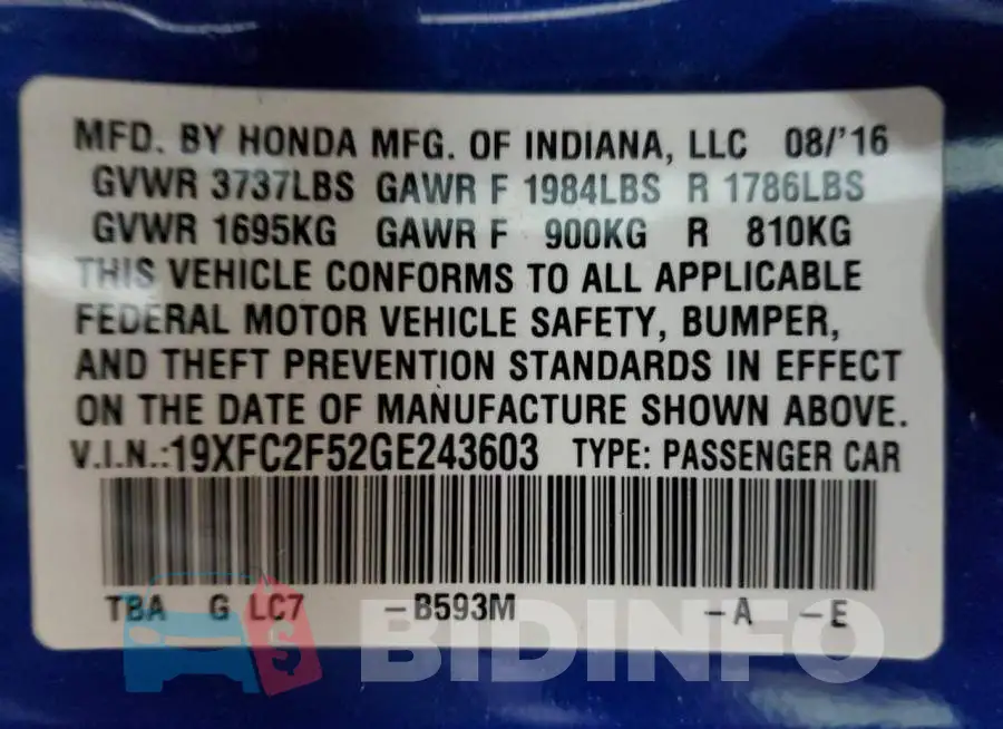 19XFC2F52GE243603 Photo# 13