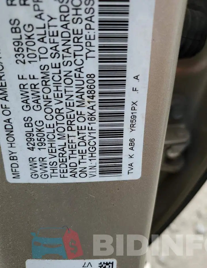 1HGCV1F16KA148608 Photo# 13