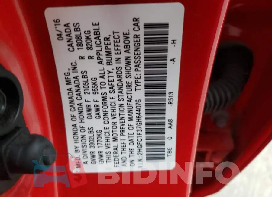 2HGFC1F37GH644076 Photo# 13