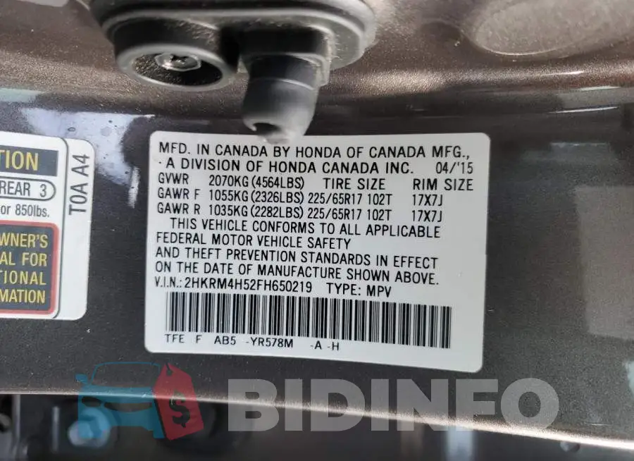 2HKRM4H52FH650219 Photo# 13