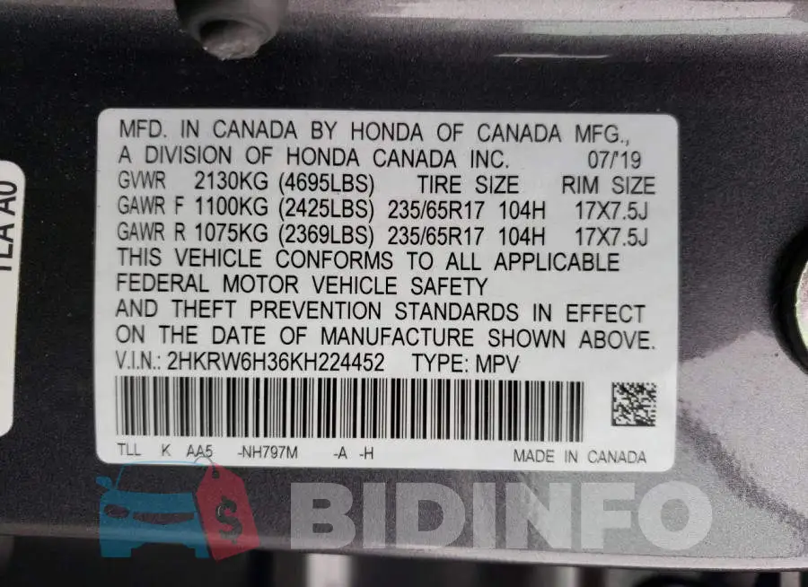 2HKRW6H36KH224452 Photo# 13
