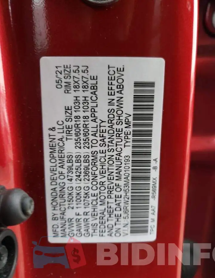 5J6RW2H53MA010193 Photo# 13