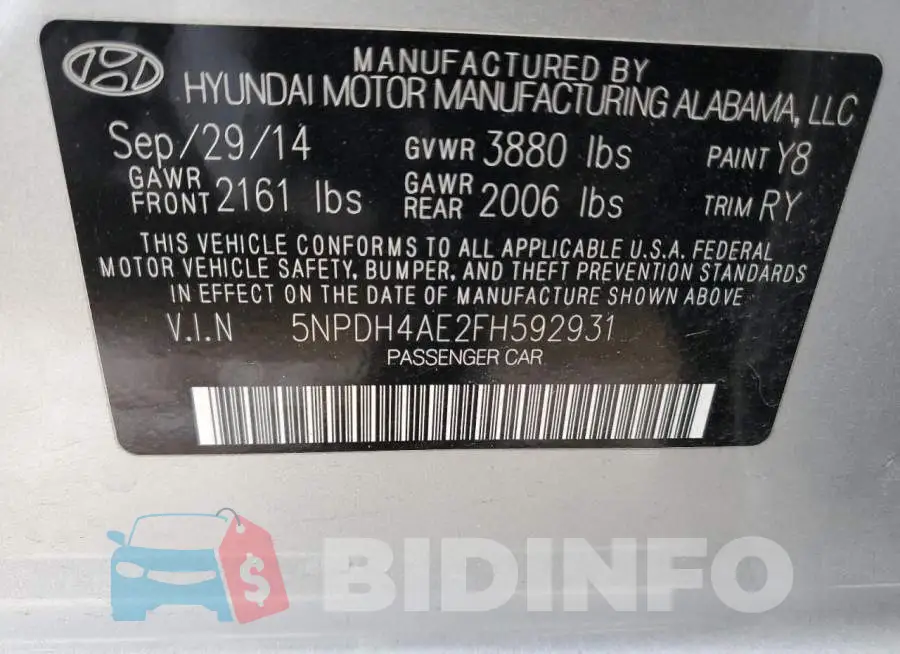 5NPDH4AE2FH592931 Photo# 12