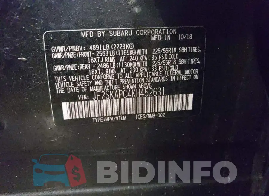 JF2SKAPC4KH452631 Photo# 13