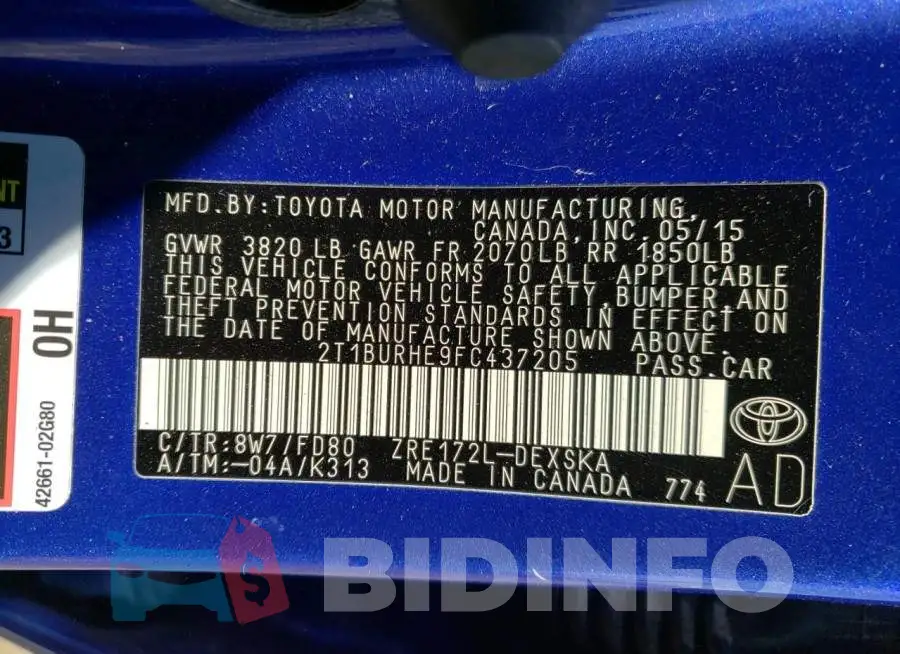 2T1BURHE9FC437205 Photo# 12