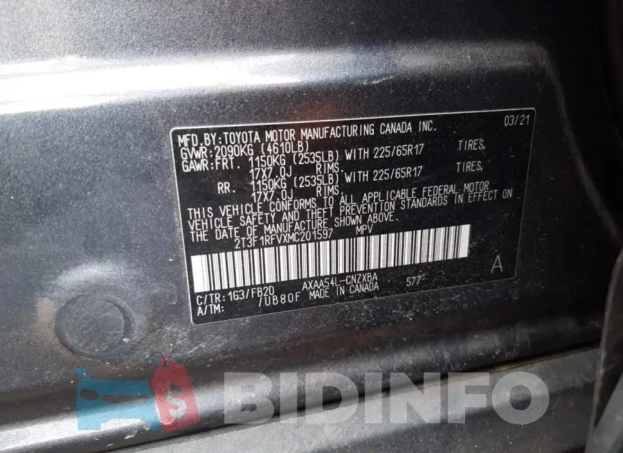 2T3F1RFVXMC201597 Photo# 13