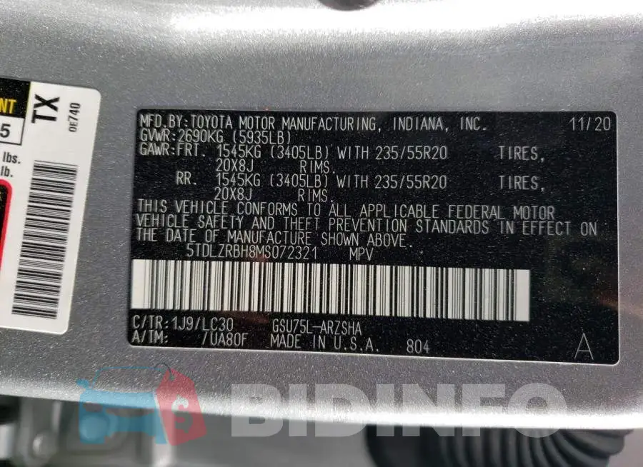 5TDLZRBH8MS072321 Photo# 14