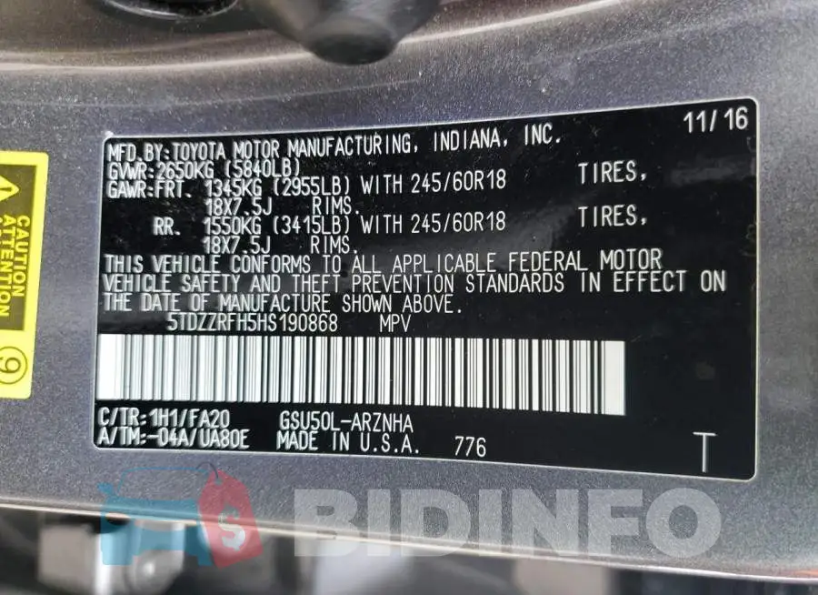 5TDZZRFH5HS190868 Photo# 13