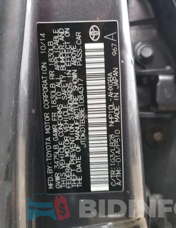 JTDKDTB38E1084317 Photo# 13