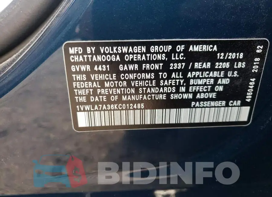 1VWLA7A36KC012485 Photo# 13