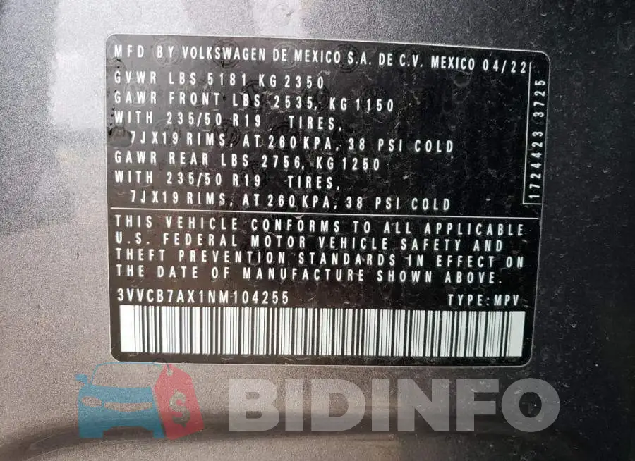 3VVCB7AX1NM104255 Photo# 13
