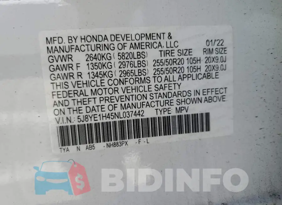 5J8YE1H45NL037442 Photo# 13