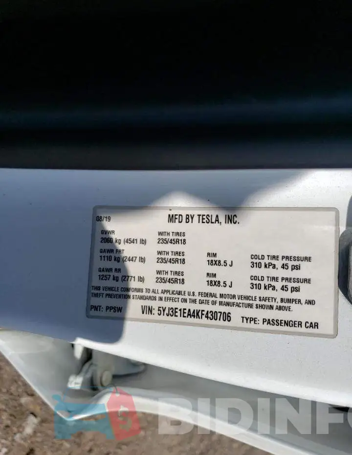 5YJ3E1EA4KF430706 Photo# 12