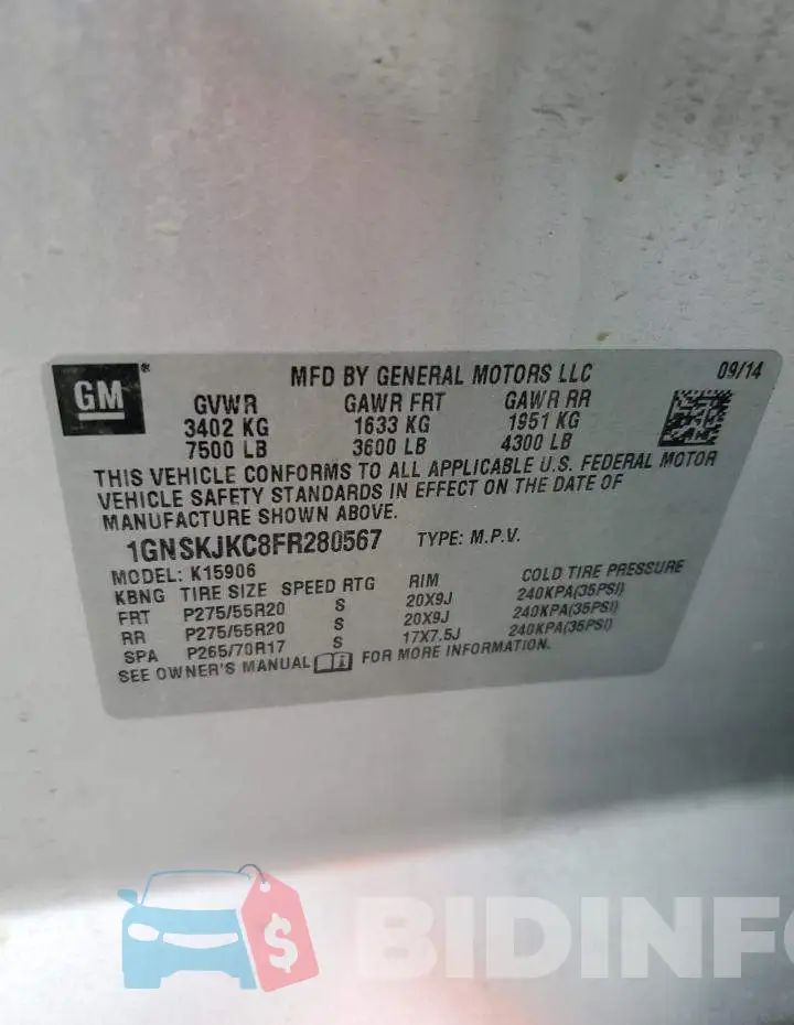 1GNSKJKC8FR280567 Photo# 14
