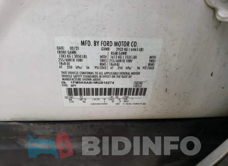1FM5K8AB1MGB18274 Photo# 13