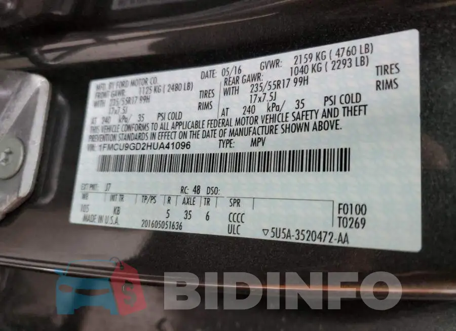1FMCU9GD2HUA41096 Photo# 13