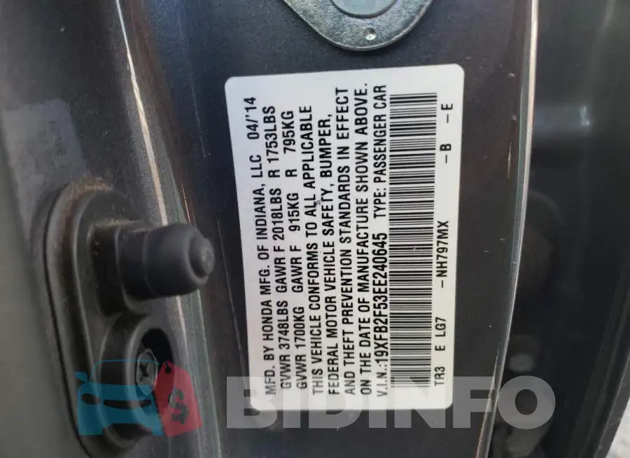 19XFB2F53EE240645 Photo# 12