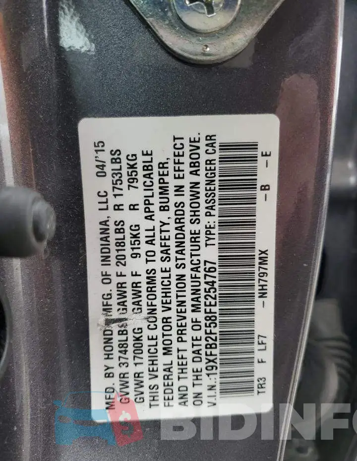 19XFB2F58FE254767 Photo# 12