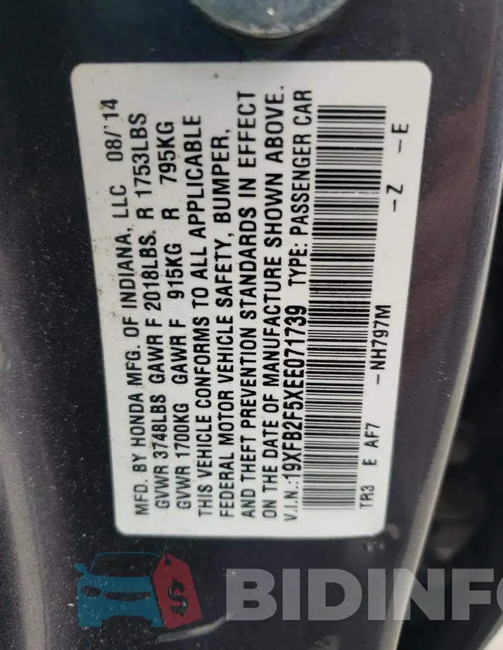 19XFB2F5XEE071739 Photo# 13