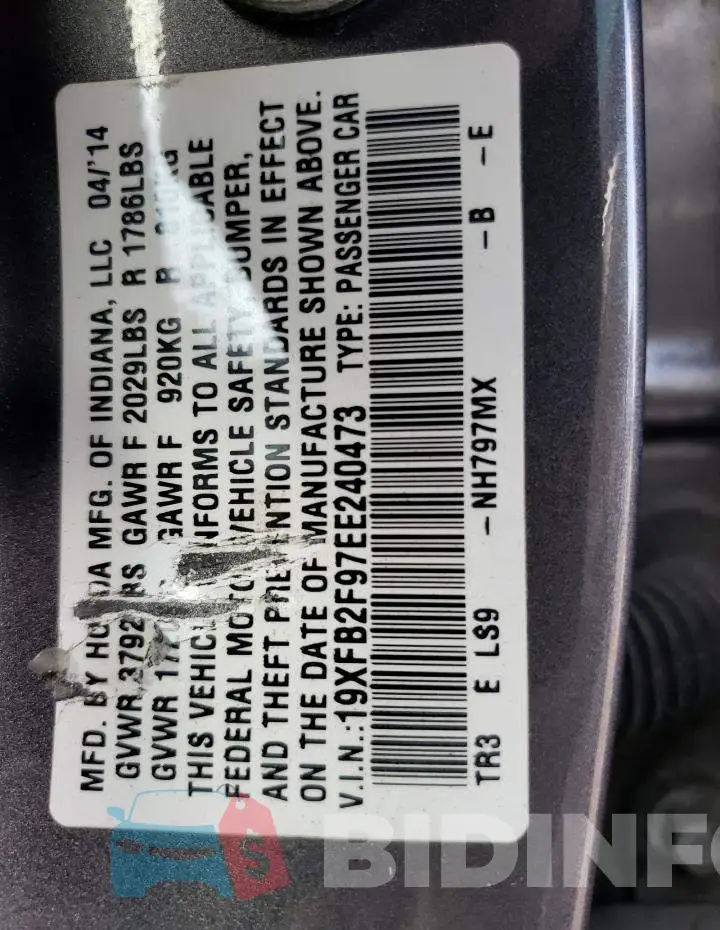 19XFB2F97EE240473 Photo# 12