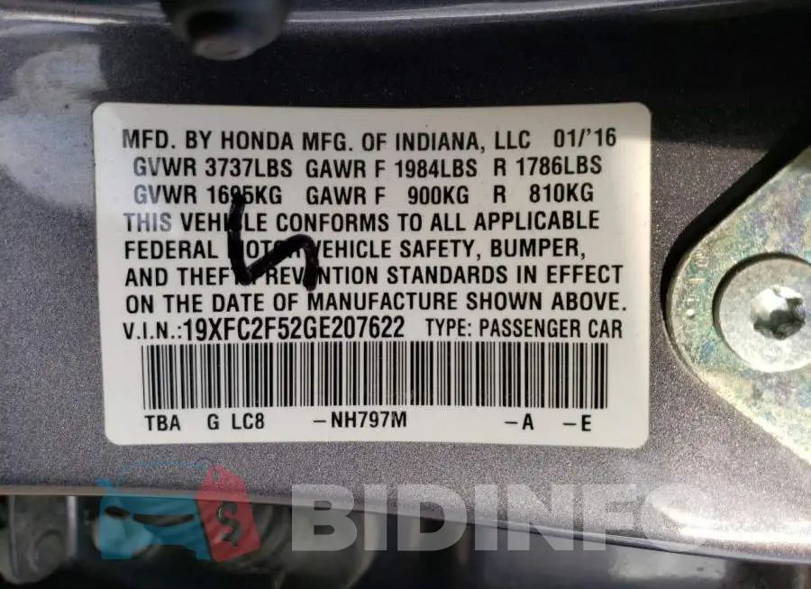 19XFC2F52GE207622 Photo# 12