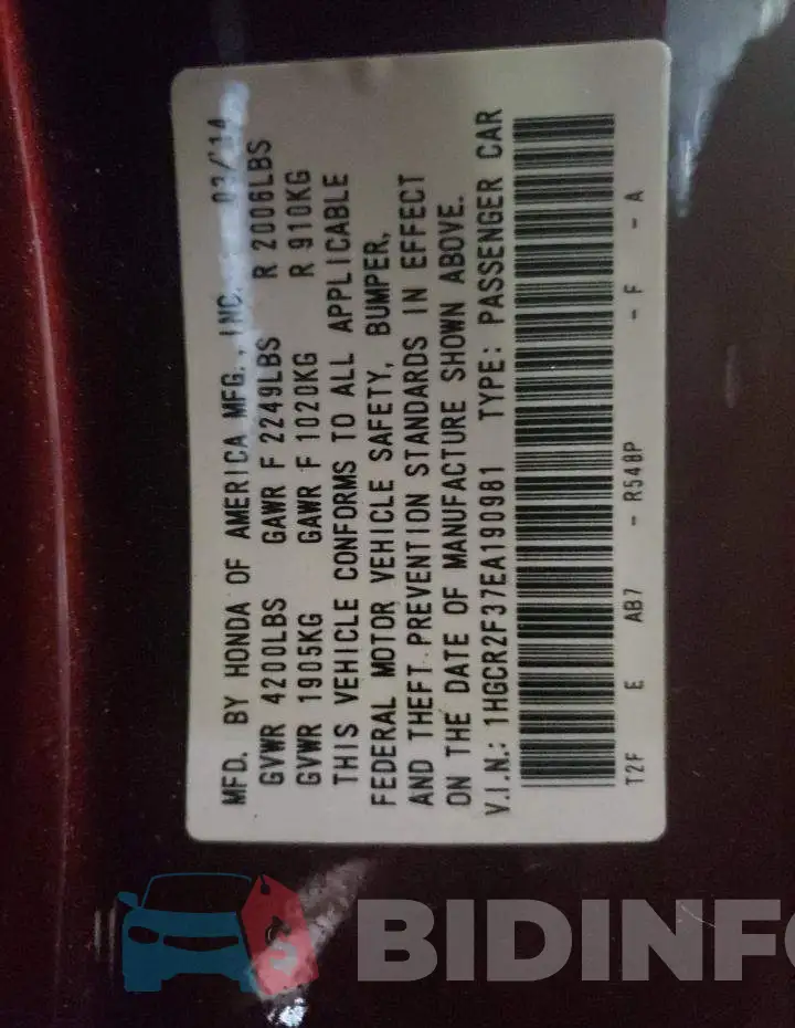 1HGCR2F37EA190981 Photo# 12