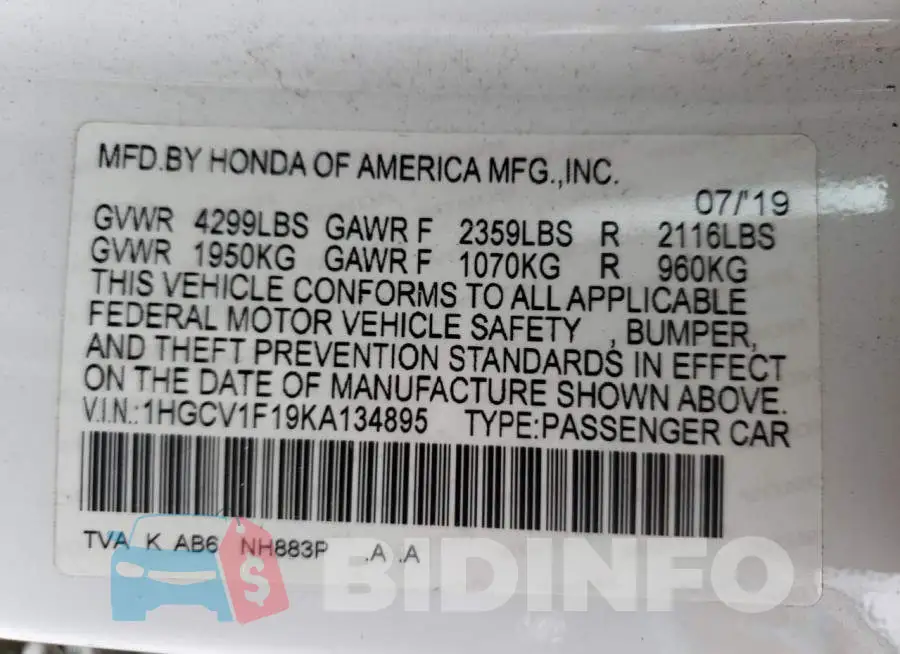 1HGCV1F19KA134895 Photo# 12