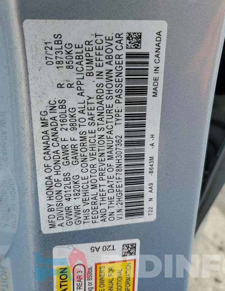 2HGFE1F78NH307362 Photo# 12
