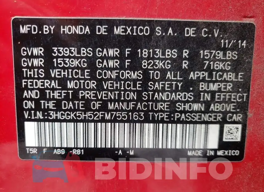 3HGGK5H52FM755163 Photo# 12