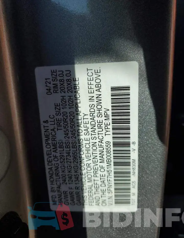 5FNYF7H51MB008559 Photo# 13