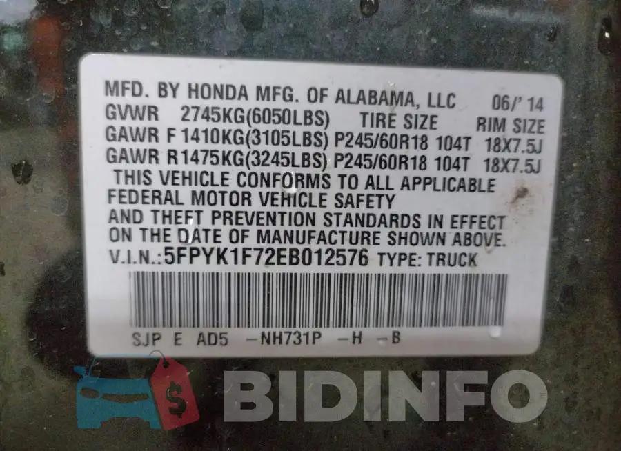 5FPYK1F72EB012576 Photo# 12