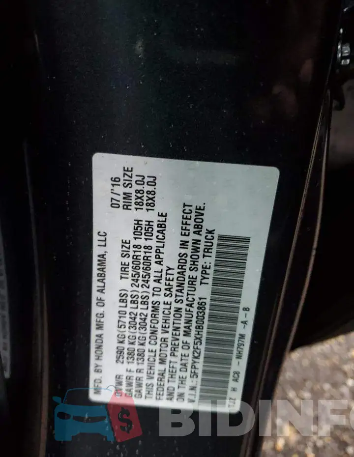 5FPYK2F5XHB003861 Photo# 12