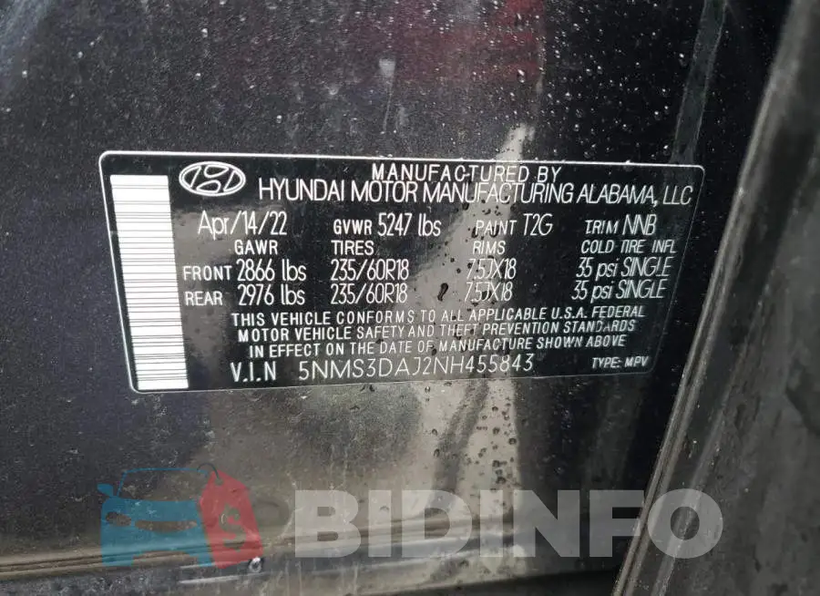 5NMS3DAJ2NH455843 Photo# 13