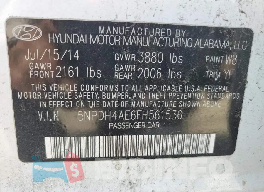 5NPDH4AE6FH561536 Photo# 12