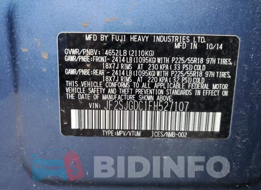 JF2SJGDC1FH527107 Photo# 13