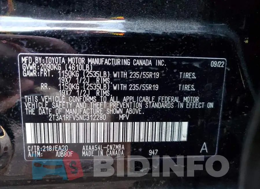 2T3A1RFV5NC312280 Photo# 14