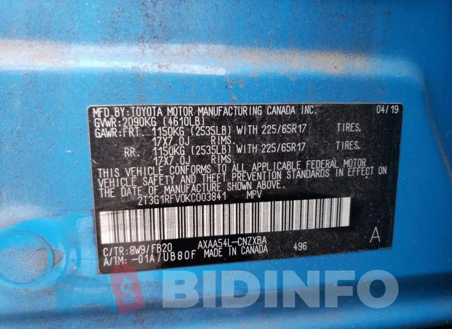 2T3G1RFV0KC003841 Photo# 13
