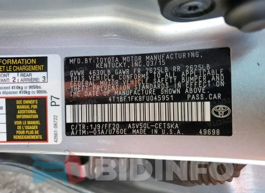4T1BF1FK8FU045951 Photo# 12