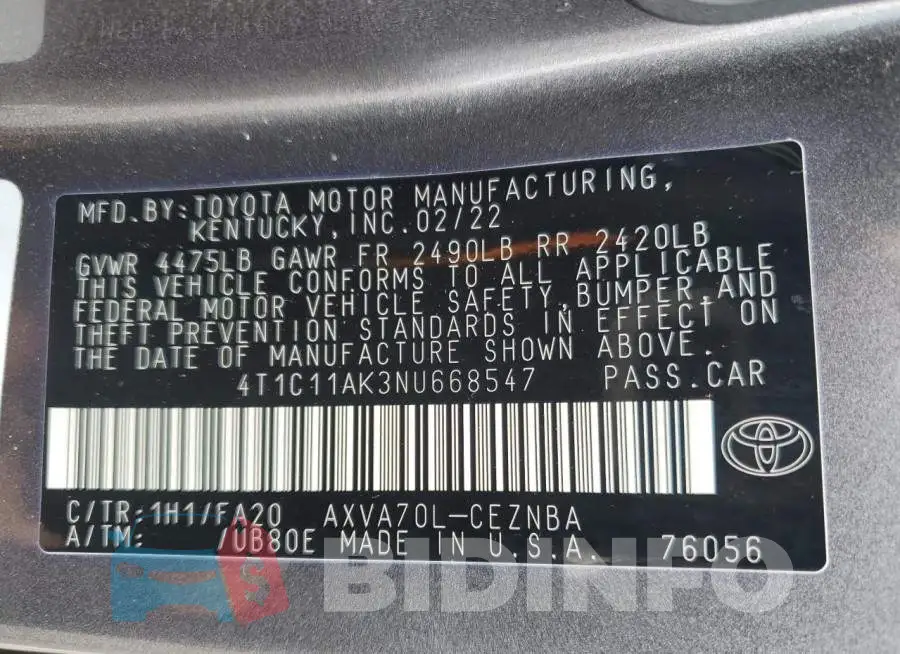 4T1C11AK3NU668547 Photo# 12